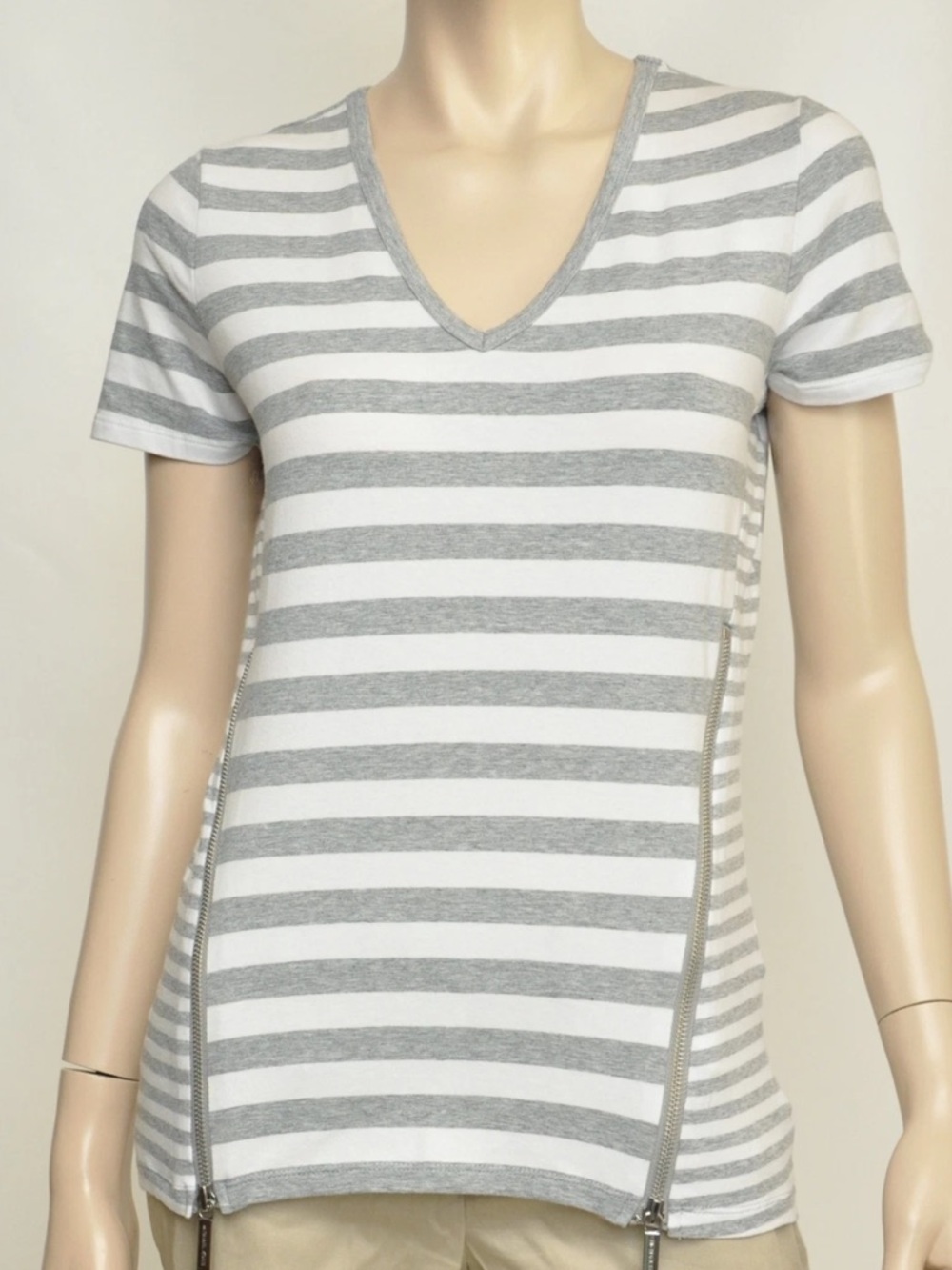 Michael Kors Casual Chic Striped Zip Tee Short Sleeve Gray/White Minimalist S